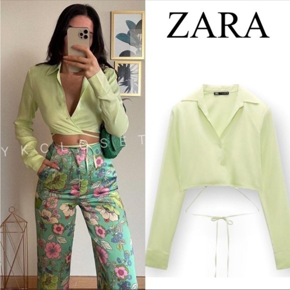 Zara Light Lime Green Cropped Button-Down Shirt